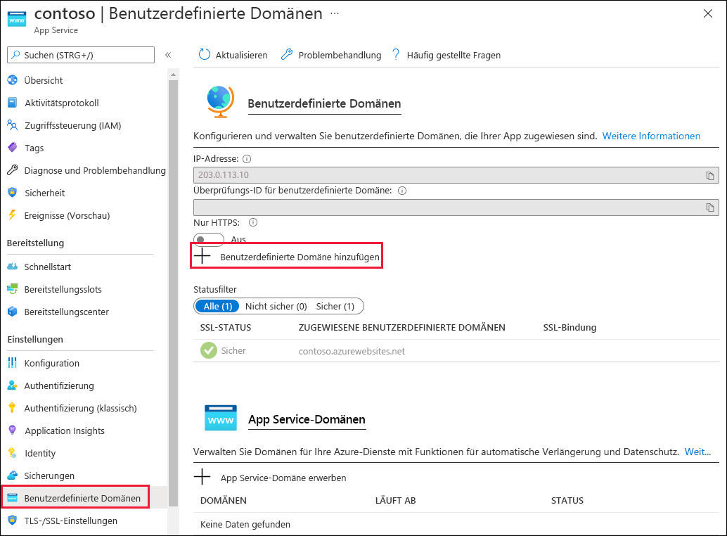 Screenshot: Schaltfläche „Benutzerdefinierte Domäne hinzufügen“ für Web-App