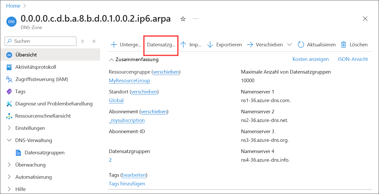 Screenshot zum Hinzufügen eines IPv6-Reverse-DNS-Eintrags zu einer DNS-Zone.