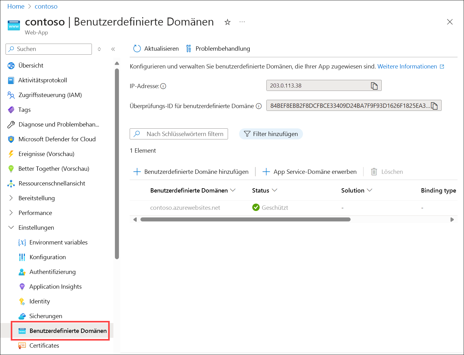 Screenshot der Seite „Benutzerdefinierte Azure App Service-Domänen“ mit der IP-Adresse der Web-App.