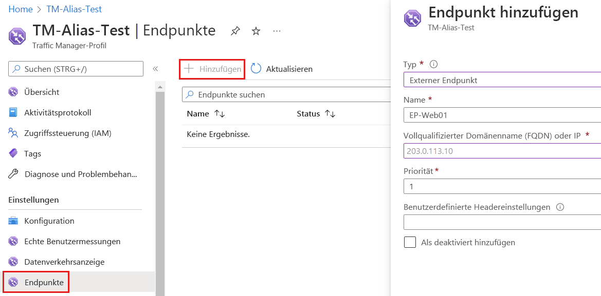 Screenshot: Seite „Endpunkte“ im Traffic Manager-Profil mit ausgewählten Einstellungen zum Hinzufügen eines Endpunkts