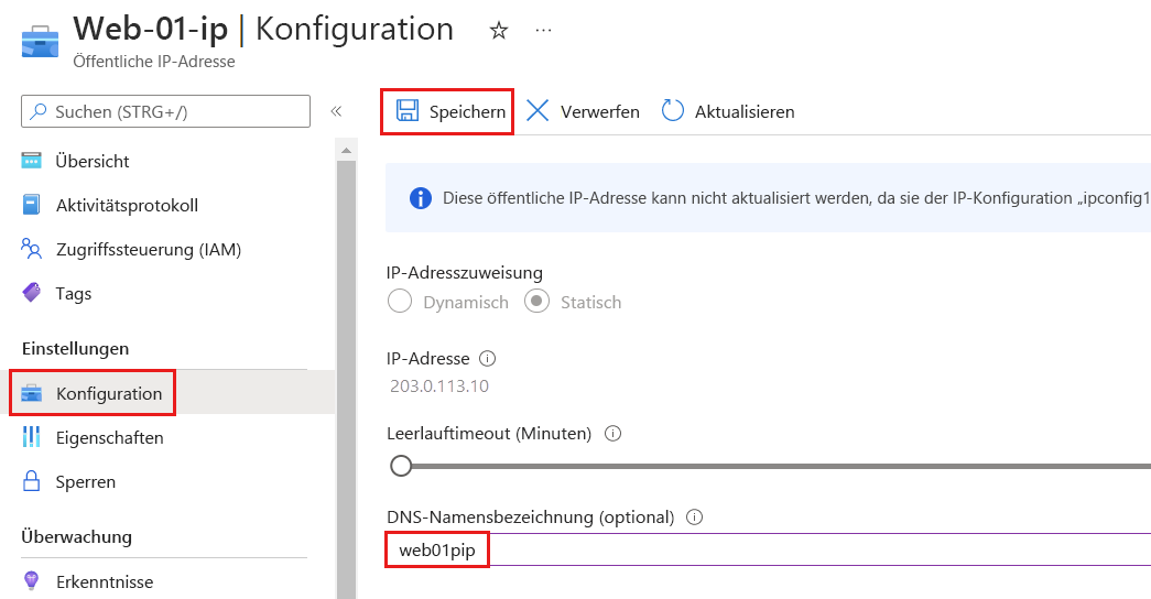 Screenshot: Seite „Konfiguration“ der öffentlichen Azure-IP-Adresse mit DNS-Namensbezeichnung