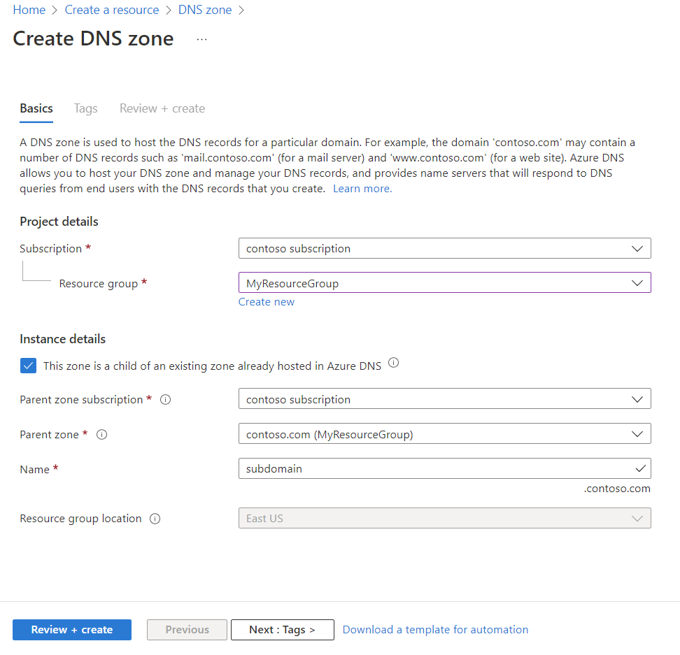 Screenshot der Seite „DNS-Zone erstellen“, auf die über die Schaltfläche „Erstellen“ der Seite „DNS-Zone“ zugegriffen wird.