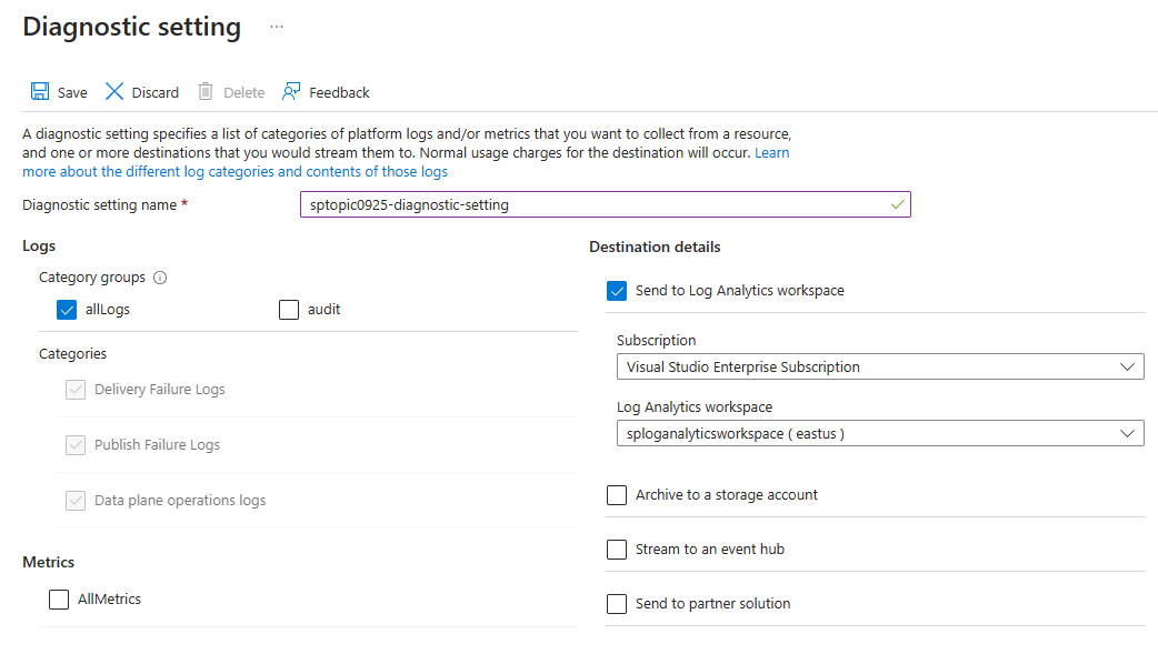 Screenshot, der die Seite „Diagnoseeinstellungen“ mit aktivierter Option „An Log Analytics senden“ anzeigt.