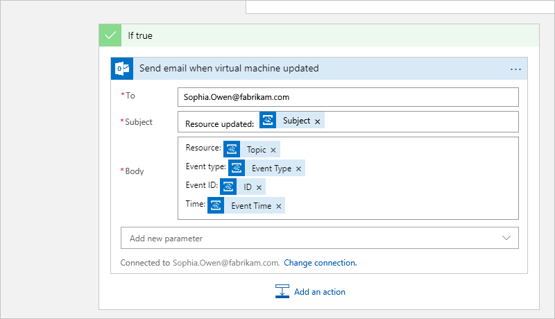 Screenshot: Workflow-Designer mit ausgewählten Ausgaben, die beim Aktualisieren eines virtuellen Computers in einer E-Mail gesendet werden sollen