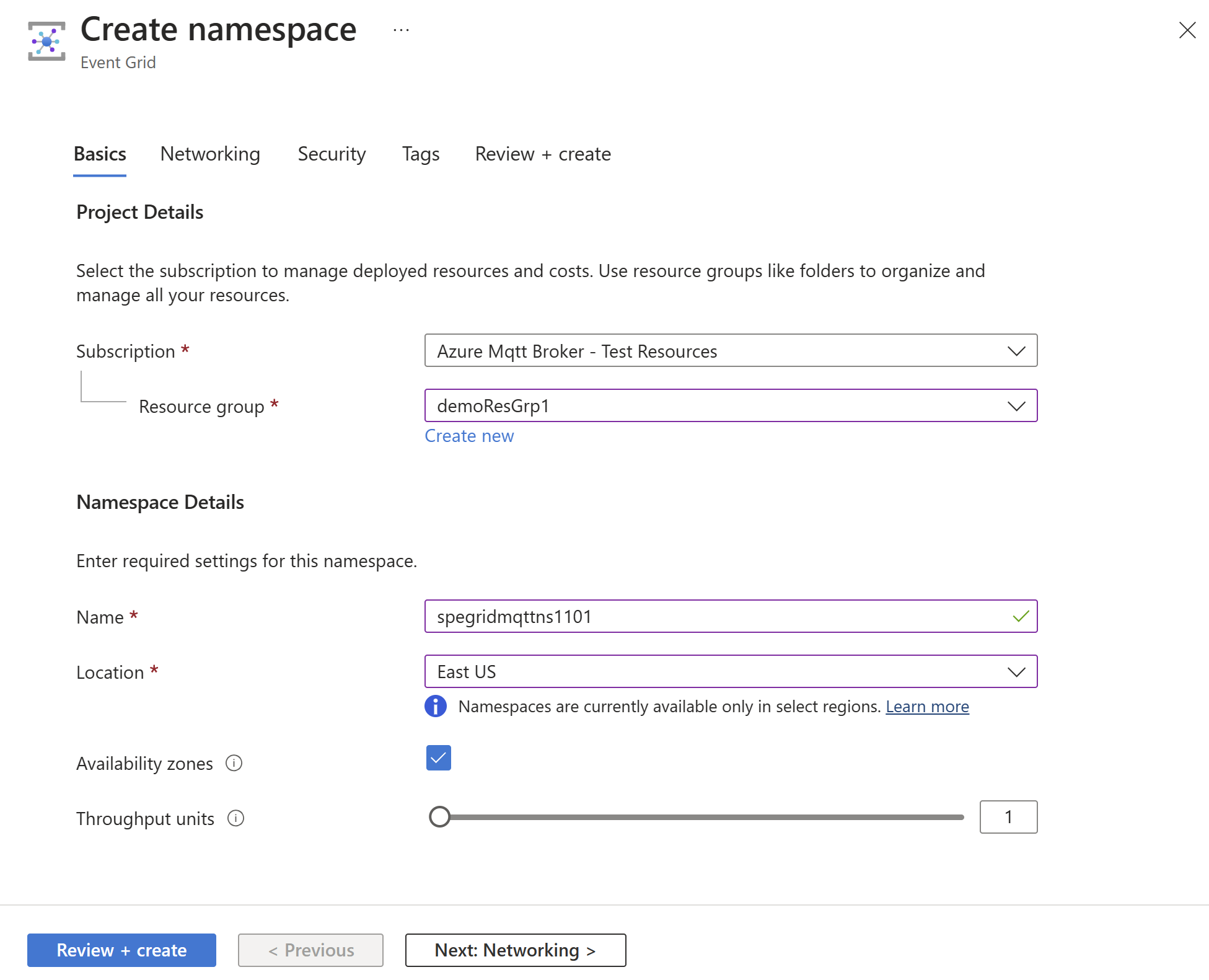 Screenshot: Event Grid-Namespace für den Erstellungsflow auf der Registerkarte „Grundeinstellungen“