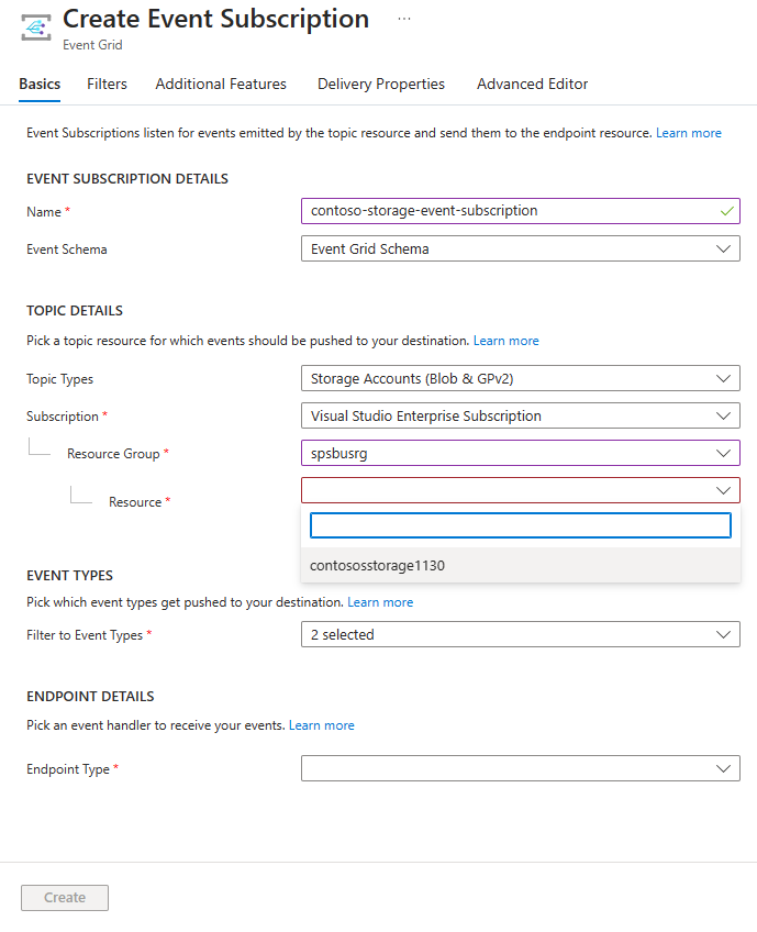 Screenshot that shows the Create Event Subscription page with the storage account selected.