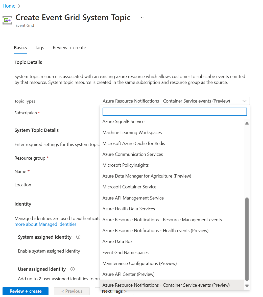 Screenshot der Seite „Thema erstellen“ im Azure-Portal