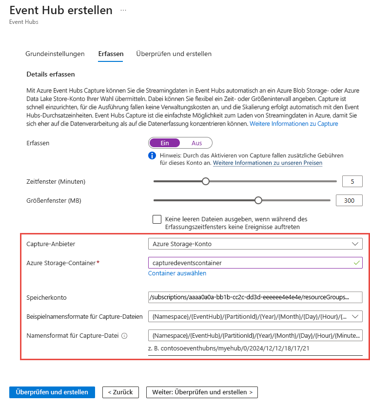 Screenshot: Registerkarte „Erfassen“ der Seite „Event Hub erstellen“ mit Azure Storage-Einstellungen