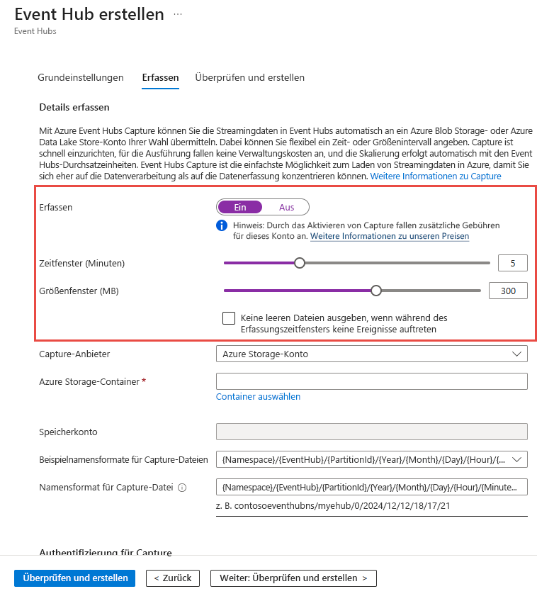 Screenshot: Registerkarte „Erfassen“ der Seite „Event Hub erstellen“ mit grundlegenden Einstellungen