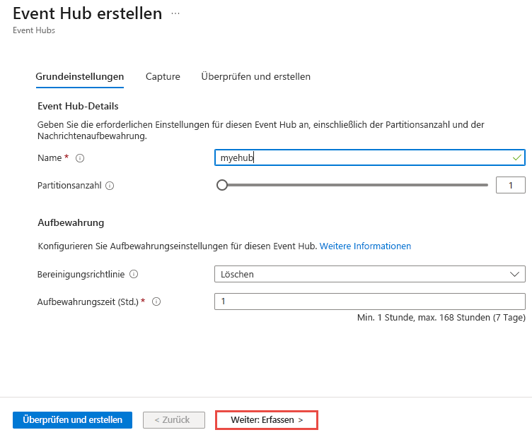 Screenshot: Seite „Event Hub erstellen“.