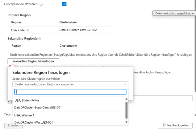 Screenshot: Auswahl der sekundären Region und des Clusters auf der Benutzeroberfläche zur Namespaceerstellung