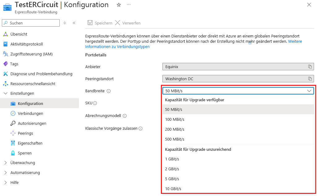 Screenshot des verfügbaren Bandbreitenupgrades für eine ExpressRoute-Verbindung.