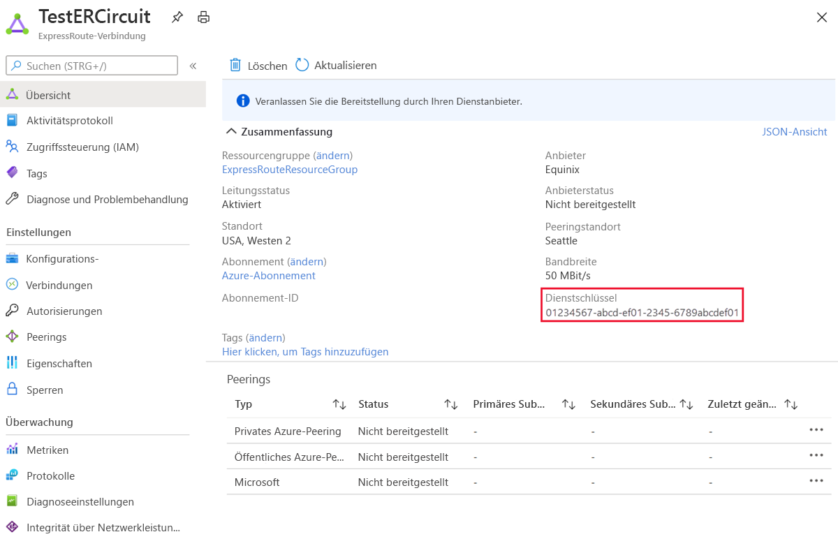 Screenshot der ExpressRoute-Eigenschaften