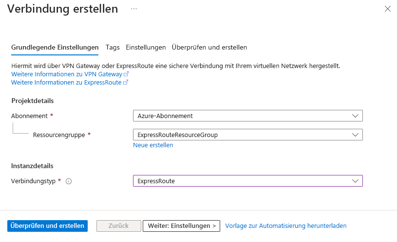 Screenshot der Basisseite „Erstellen einer Verbindung“.