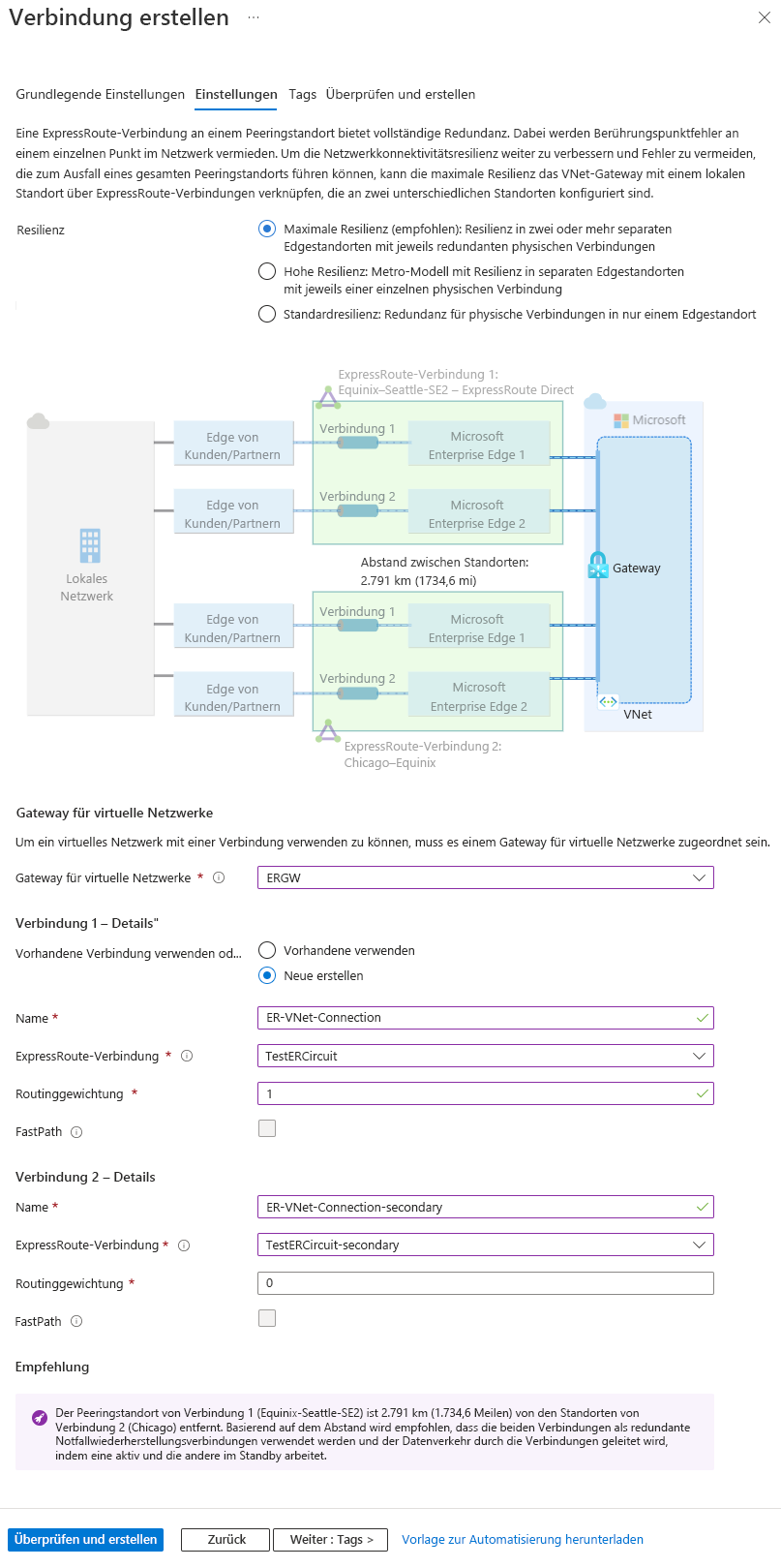 Screenshot der Seite „Einstellungen“ für maximale Resilienz von ExpressRoute-Verbindungen zu einem virtuellen Netzwerkgateway.