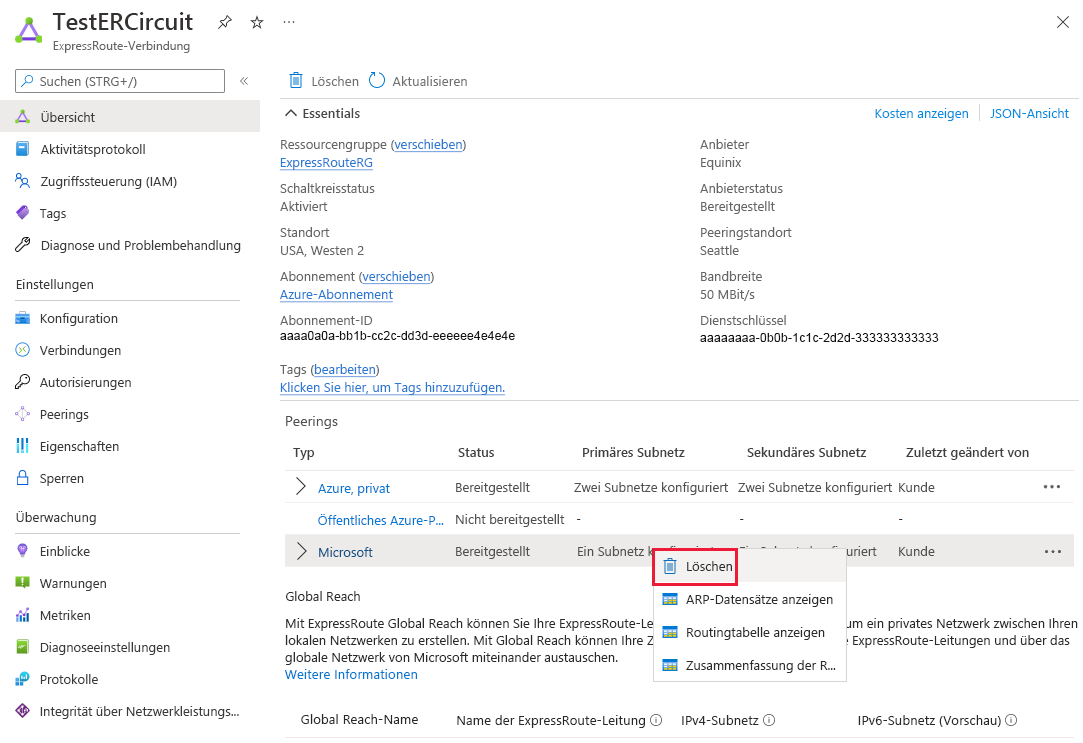 Screenshot: Löschen des Microsoft-Peerings