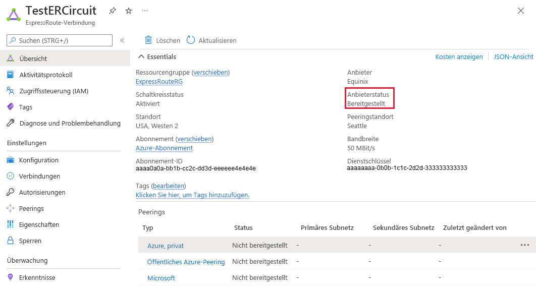 Screenshot: Übersichtsseite für die ExpressRoute-Demoleitung mit einem roten Feld, das den Anbieterstatus hervorhebt, der auf „Bereitgestellt“ festgelegt ist