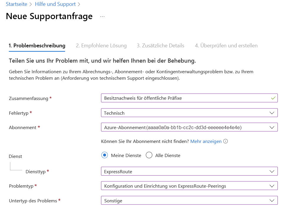 Screenshot: Neue Supportticketanforderung zum Übermitteln des Besitznachweises für öffentliche Präfixe