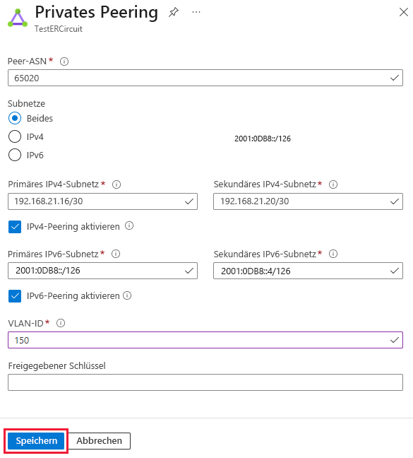 Screenshot: Aktualisieren der Konfiguration des privaten Peerings