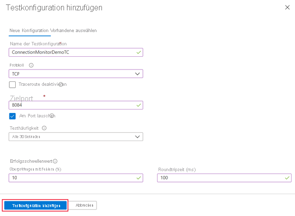 Screenshot: Seite „Testkonfiguration hinzufügen“