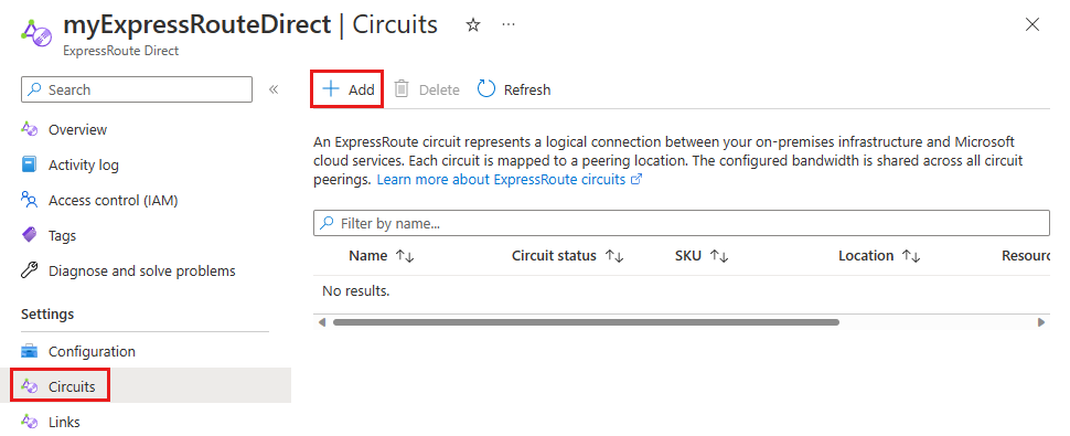 Screenshot: Schaltfläche zum Hinzufügen einer Verbindung zu einer ExpressRoute Direct-Ressource.