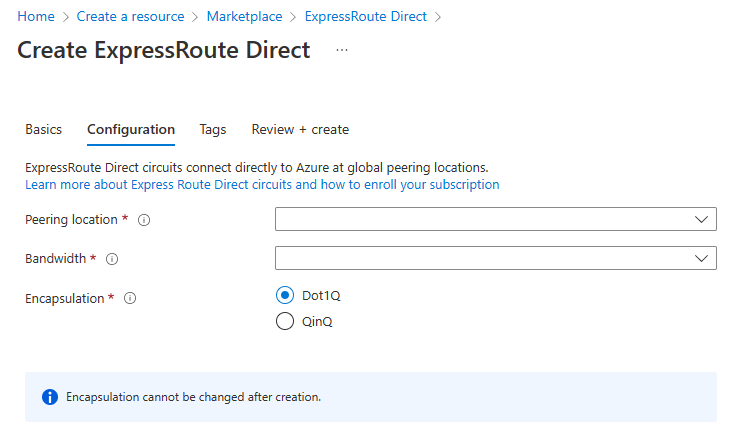 Screenshot, der die Seite „Erstellen von ExpressRoute Direct“ mit ausgewählter Registerkarte „Konfiguration“ zeigt.