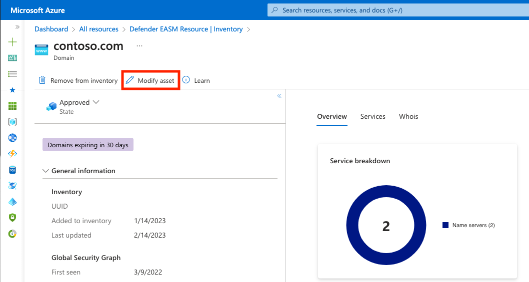 Screenshot einer Seite mit Ressourcendetails, auf der die Schaltfläche „Ressource ändern” hervorgehoben ist.