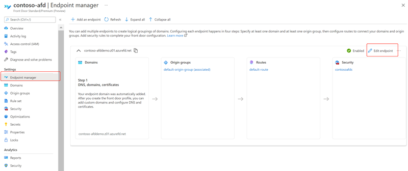 Screenshot der Landing Page von Azure Front Door-Manager