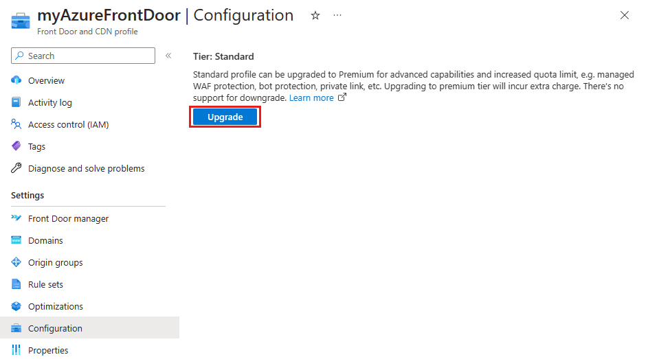 Screenshot der Schaltfläche „Upgrade“ auf der Konfigurationsseite eines Azure Front Door Standard-Profils