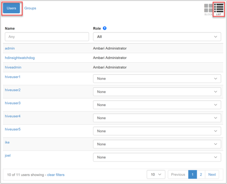 Apache Ambari – Listenansicht für Rollen – Gruppen.