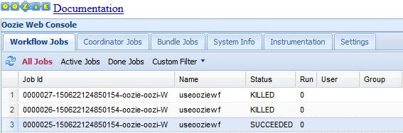 Workflowaufträge in der Oozie-Webkonsole.