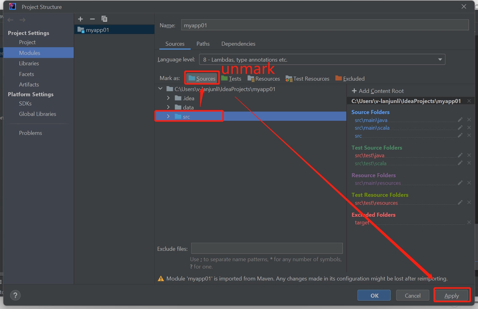 Screenshot showing the unmark the src as sources.