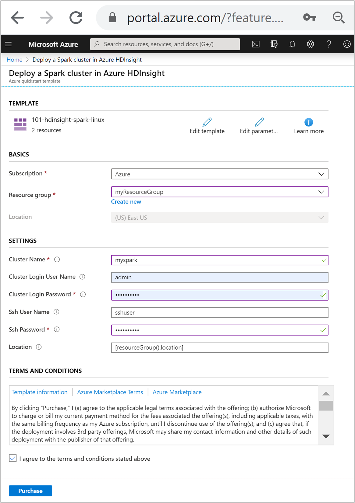 Erstellen eines Spark-Clusters in HDInsight unter Verwendung einer Azure Resource Manager-Vorlage.