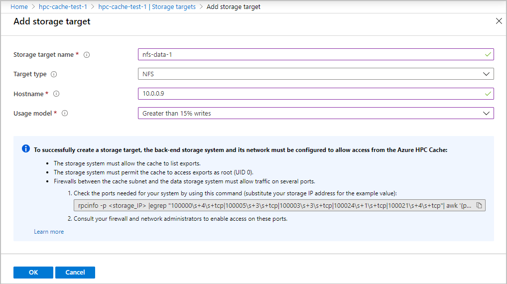 Screenshot der Seite zum Hinzufügen von Speicherzielen mit definiertem NFS-Ziel