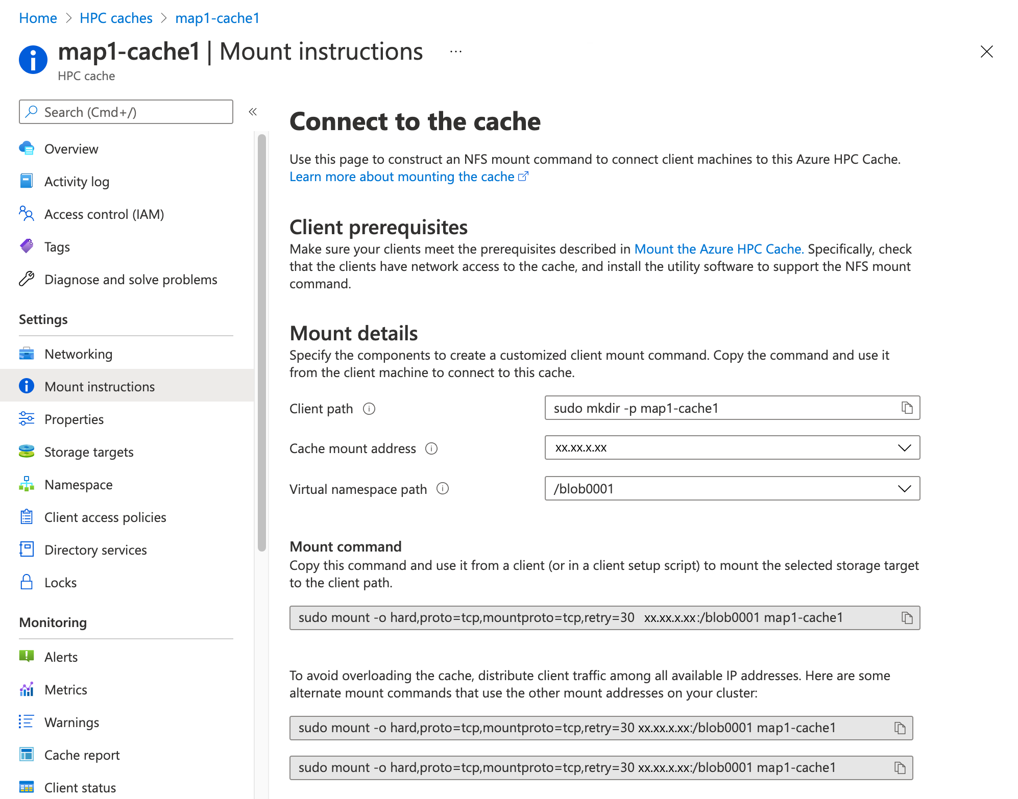 Screenshot einer Azure HPC Cache-Instanz im Azure-Portal mit der Seite „Konfigurieren > Einbindungsanweisungen“