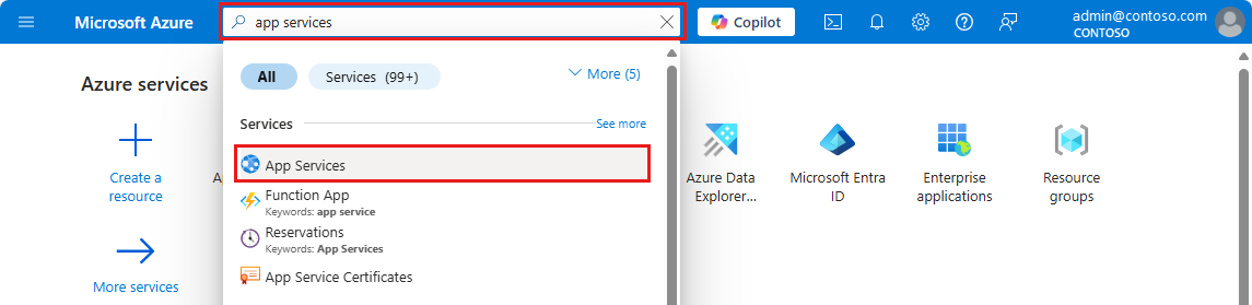 Screenshot des Azure-Portals: Suchfeld mit Auswahl von „App Services“