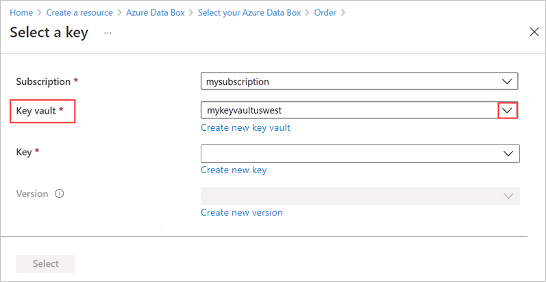 Screenshot: Einstellungen für den Verschlüsselungstyp auf der Registerkarte „Sicherheit“ für eine Data Box-Bestellung. Die Option „Kundenseitig verwalteter Schlüssel“ und der Link „Schlüssel und Schlüsseltresor auswählen“ sind ausgewählt.