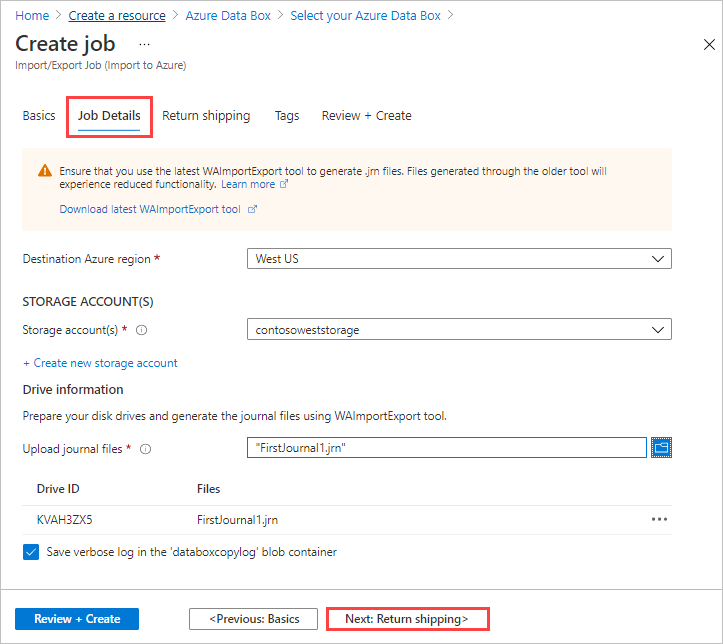 Screenshot der ausgefüllten Registerkarte Auftragsdetails für einen Importauftrag in Azure Data Box. Die Registerkarte Auftragsdetails und die Schaltfläche Weiter: Rückversand sind hervorgehoben.