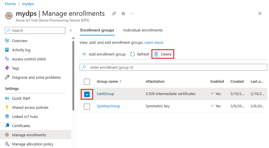 Löschen des Eintrags für die Registrierungsgruppe im Portal