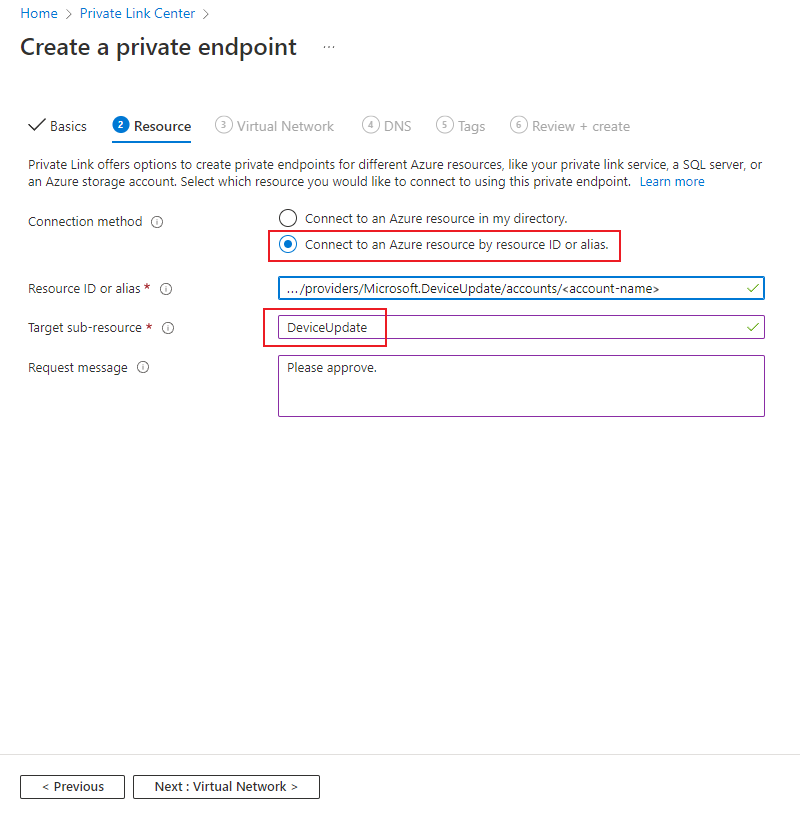 Screenshot showing the Resource page of the Create a private endpoint tab in Private Link Center.