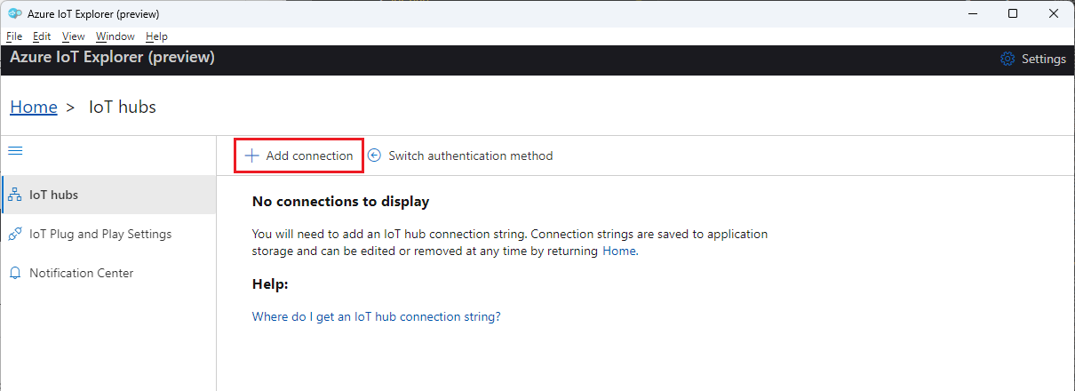 Screenshot: Hinzufügen einer IoT Hub-Verbindung in IoT Explorer