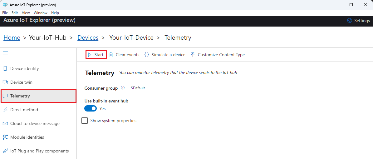 Starten der Überwachungsgerätetelemetrie im IoT-Explorer.