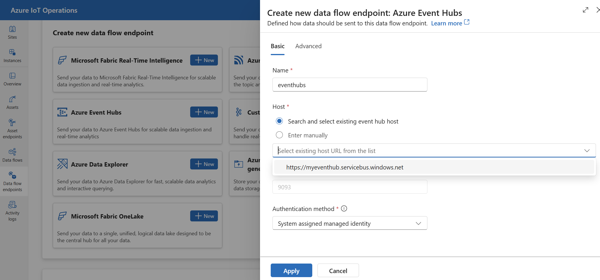 Screenshot: Verwenden der Einsatz-Benutzeroberfläche zum Erstellen eines Azure Event Hubs-Dataflowendpunkts