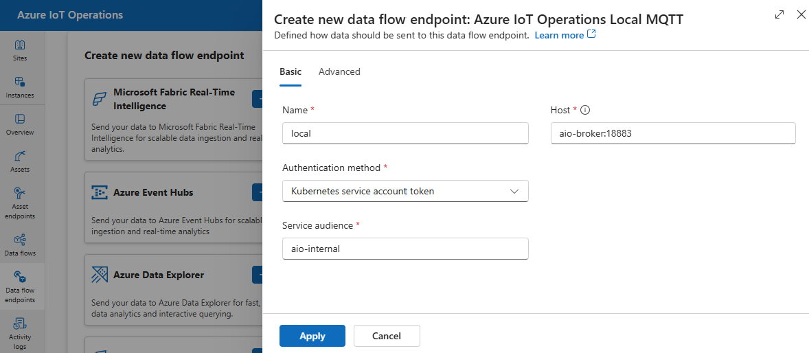 Screenshot: Verwenden der Einsatz-Benutzeroberfläche zum Erstellen eines neuen lokalen MQTT-Datenflussendpunkts.