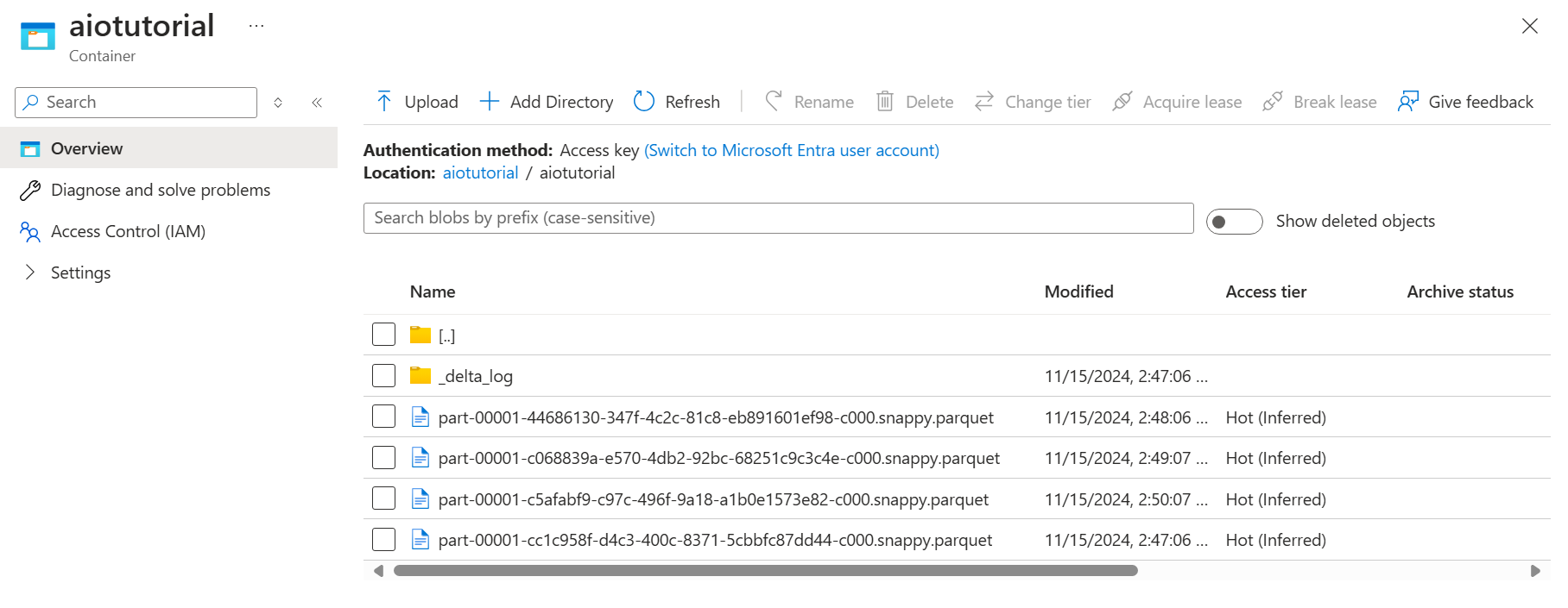 Screenshot der Anzeige der Dateien im Container im Azure-Portal