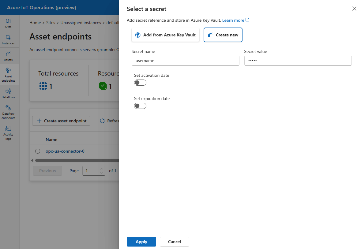 Screenshot: Optionen „Aus Azure Key Vault hinzufügen“ und „Neu erstellen“ beim Auswählen eines Geheimnisses in der Benutzeroberfläche von Azure IoT Einsatz