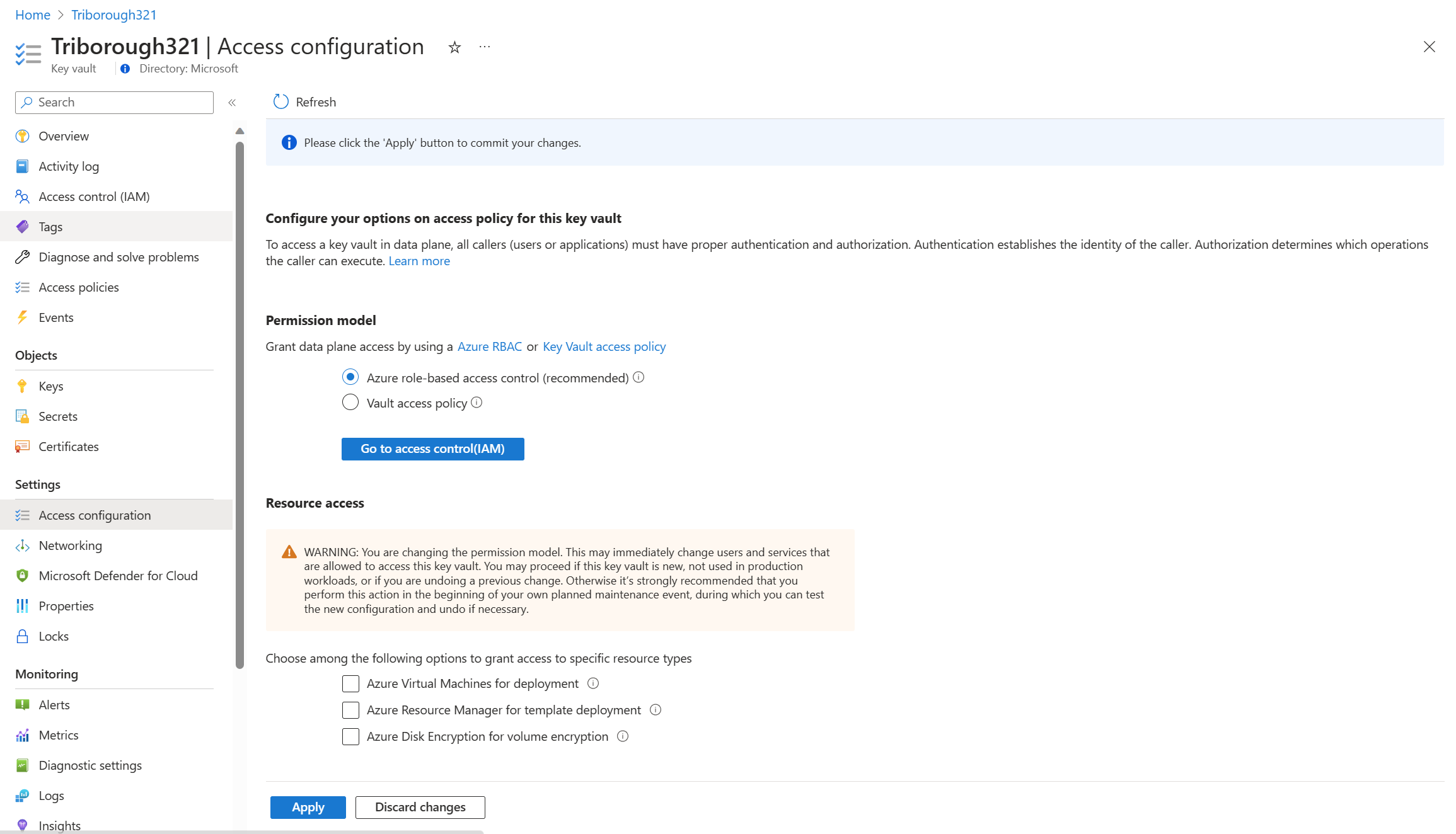 Aktivieren von Azure RBAC-Berechtigungen – vorhandener Tresor