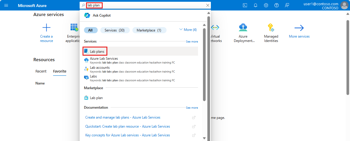 Screenshot: Suche nach einem Labplan im Azure-Portal