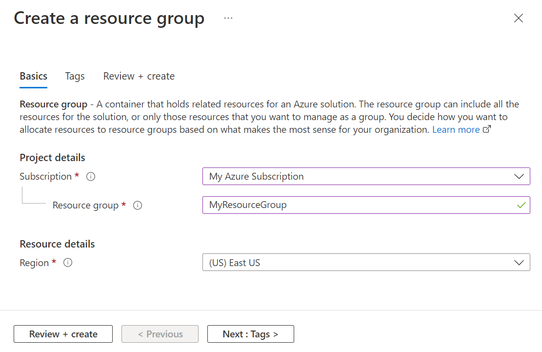 Screenshot der Seite „Neue Ressourcengruppe erstellen“ im Azure-Portal.