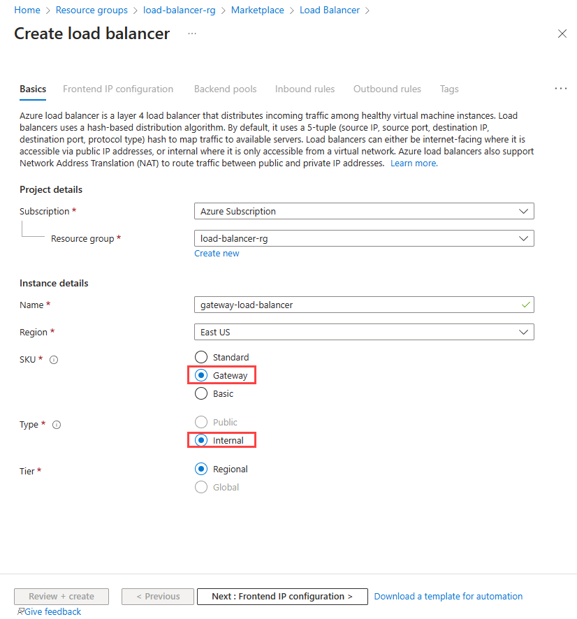 Screenshot: Registerkarte „Grundlagen“ zum Erstellen einer Load Balancer Standard-Instanz